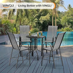 VINGLI Outdoor Bar Chairs Set of 8 – Stackable Outdoor Bar Stools with Sturdy Sling High Back and Armrests for Lawn, Courtyard, Garden, Bar, Silver Gray