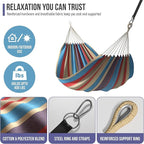 Sorbus® Brazilian Double Hammock - Extra-Long Two Person Portable Hammock Bed for Indoor or Outdoor Spaces - Hanging Rope, Carrying Pouch Included (Blue/Sand/Purple/Red Stripes)