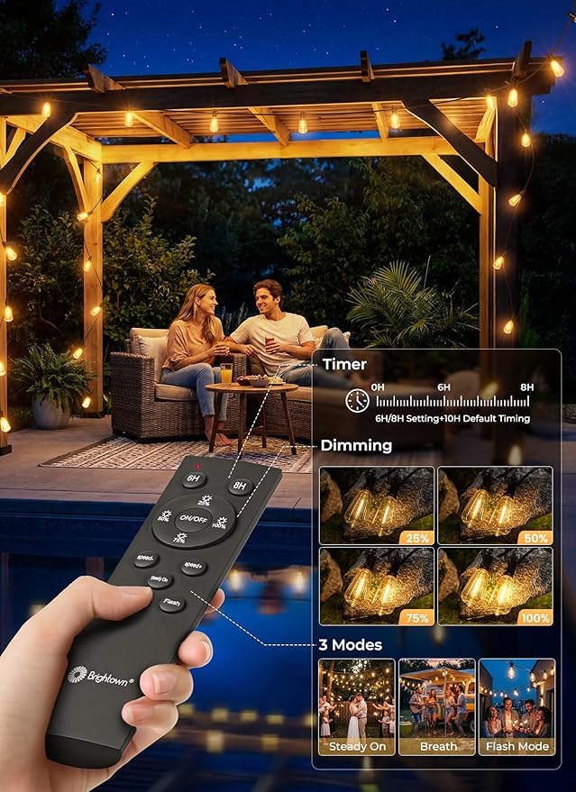 Brightown 151FT Solar String Lights Outdoor Waterproof, Patio Lights with Remote and 48+2 LED Shatterproof Bulbs, Dimmable & Timable, 3 Light Modes, Solar Lights Outdoor for Yard Camping Party Outside