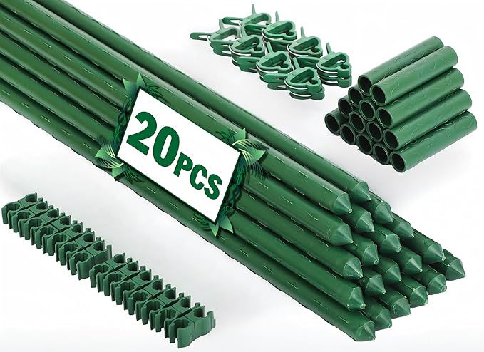 Garden Stakes 20 Pack, 16 Inch Plastic Coated Metal Tomato Stakes, DIY 4ft 5ft 6ft 7ft Plant Support Stakes with 14 Connectors 14 Rotatable Clips 14 Plant Clips for Indoor Outdoor Vegetables