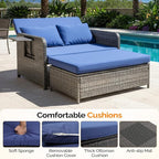 VINGLI Patio Daybed, Wicker Outdoor Daybed with Storage Ottoman & 5-Level Adjustable Backrest, All-Weather Rattan Cushioned Patio Loveseat Sofa for Garden Balcony Backyard (Navy, Gray)