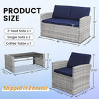4-Piece Patio Furniture Set, Wicker Outdoor Rattan Sectional Sofa with Cushions and Glass Table, All-Weather Outdoor Conversation Set, Ideal for Garden, Porch, Backyard, Navy