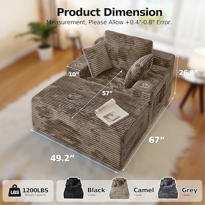 CHORRO67 Chaise Lounge Chair Indoor,Oversized Boneless Single Sleeeper Couch Bed,Corduroy Cloud Sofa with 3 Soft Pillows for Livingroom,Bedroom,No Assembly,(Khaki)