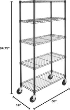 Amazon Basics 5-Shelf Heavy Duty Garage Shelving Storage Rack with 4" Wheel Casters, Adjustable Metal Wire Organizer, 300 lbs Per Shelf, 30" x 14" x 64.75", Black
