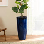 Glitzhome 30" H Tall Planters for Outdoor Plants, Set of 2 Plastic Large Outdoor Planters with Gradient Cobalt Blue Faux Ceramic Finish,Large Flower Pots with Drainage Holes for Front Porch Indoor