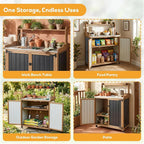 Potting Bench Table & Outdoor Storage Cabinet with Lockable Wheels, Adjustable Shelves, Mobile Waterproof Metal Top Workstation for Garden Patio BBQ Organization, Magnetic Latch & Edge Guard