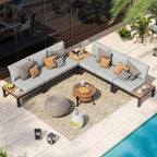Aluminum Modular Outdoor Patio Furniture Set, 6 Seats Sectional Sofa Set with Adjustable Backrest & Thick Cushions, All-Weather L-Shaped Corner Set with Table for Garden & Yard, Gray