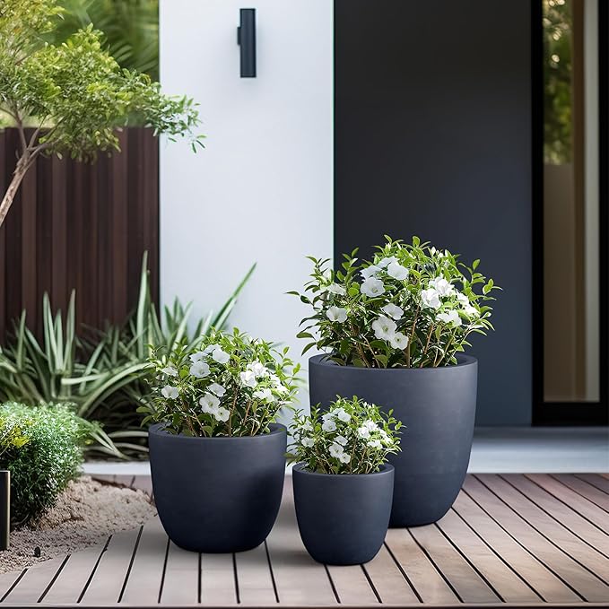 Kante 18",14",10" Dia Concrete Round Planters (Set of 3), Outdoor Indoor Large Planter Pots with Drainage Hole and Rubber Plug for Home Patio Garden, Dark Gray