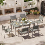 67" Rectangle HDPS Patio Dining Table, Aluminum Outdoor Patio Dining Table with Umbrella Hole, Weather-Resistant for Lawn, Garden, Yard, Poolside and Indoor Use (Gray & Teak)