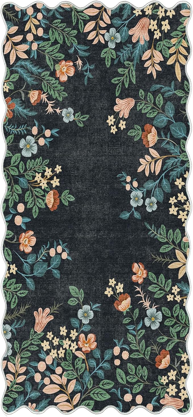Outdoor Rug Boho Floral Mat, Black Polyester, 2 x 4.3 ft