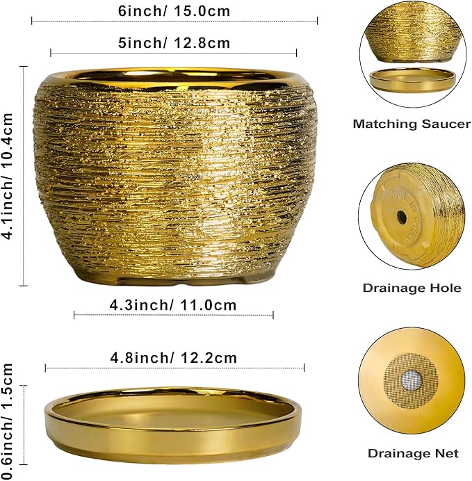 SQOWL Ceramic Planter - 6 Inch Plant Pot Indoor Outdoor, Modern Round Planter with Drainage Hole and Plant Saucer, Decorative Small Flower Pot, Home Decor, Birthday Gifts, Gold