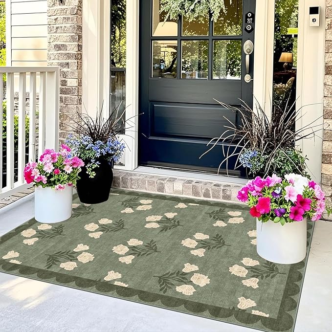 Outdoor Rug 3x5 ft Washable Floral Entryway Mat in Sage Green