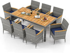 Tangkula 9 Pieces Rattan Outdoor Dining Set for 8, Outdoor Acacia Wood Table Set with 8 Cushioned Wicker Chairs, Umbrella Hole, Patio Dining Furniture Set for Deck Pool Backyard
