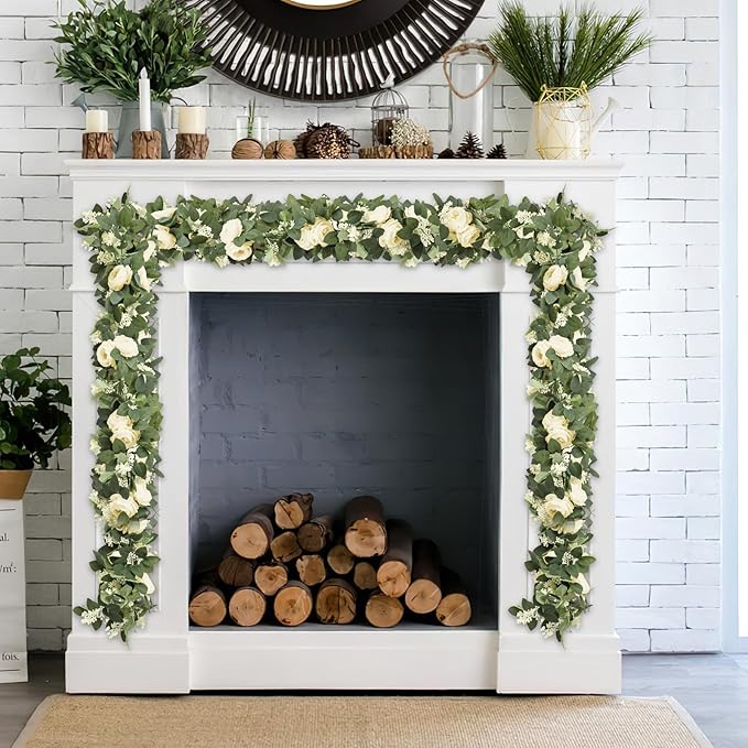 Champagne Eucalyptus Garland with Roses, 2 Pack Artificial Greenery