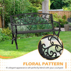 Outdoor Metal Loveseat Bench, 50-Inch Black with Armrests and Floral Back