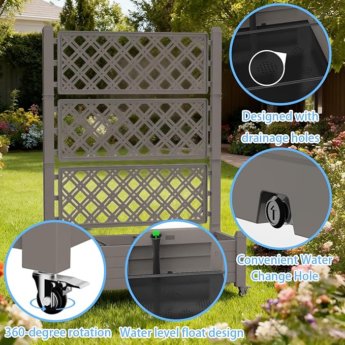 Mobile Garden Planter with Trellis & Lockable Wheels, Outdoor Raised Bed with Drainage & Water Gauge, Weather-Resistant Resin for Patio, Balcony, Yard, Dust-Resistant (Grey, 43.43*18.27*64.29)