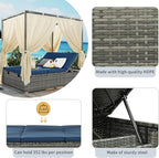 Patio Chaise Lounge, Gray PE Rattan Outdoor Patio Wicker Sunbed Daybed with Adjustable Seats, Four-sided Canopy, Overhead Curtain and Blue Cushions for Backyard, Garden, Poolside (for 2-6 people)