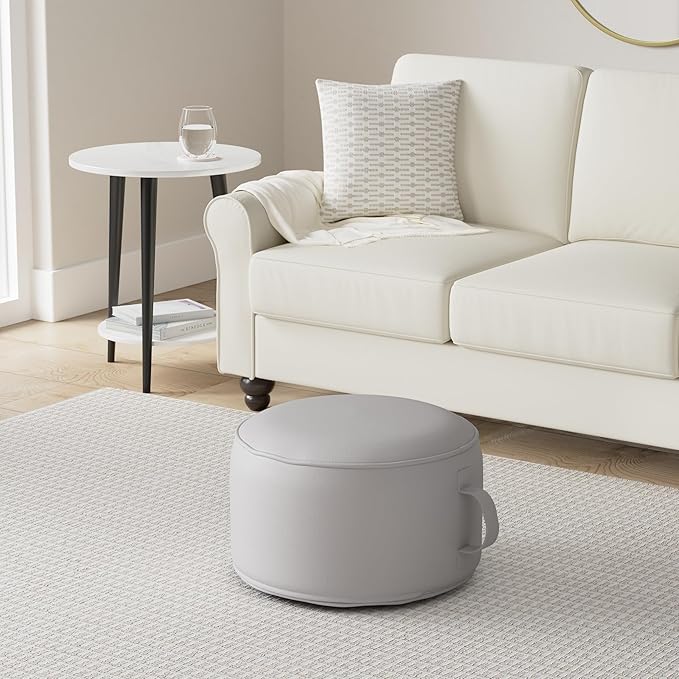 QILLOWAY Indoor/Outdoor Inflatable Stool,Round Ottoman,All Weather Foot Rest for Camping or Home,Light Grey