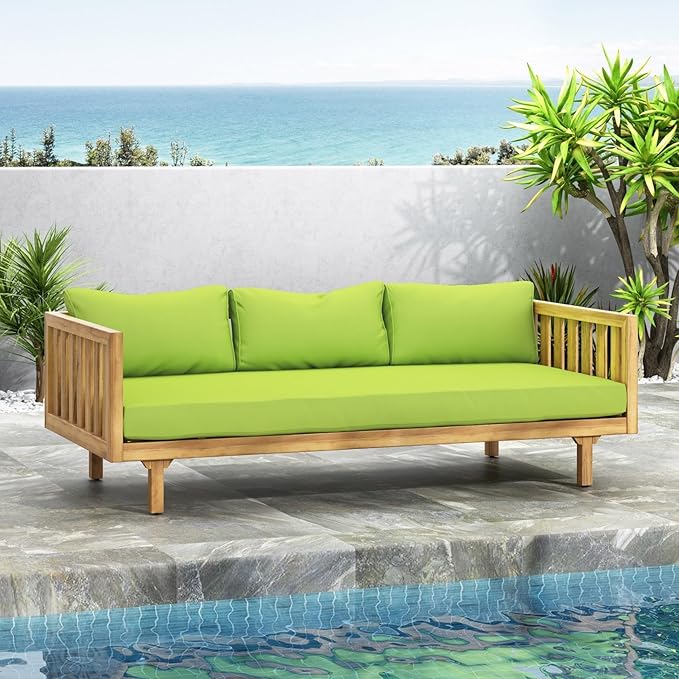 Merax Solid Acacia Wood Couch Chaise Lounge Chair Indoor, 3 Seater Daybed Sofa Couches with Cushions & Pillow, Heavy Frame Day Bed for Living Room, Office, Outdoor, Balcony, Patio, Water Resistant