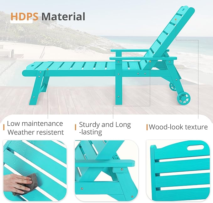 LUE BONA Outdoor Chaise Lounge Chairs Set of 4, 79'' Oversized HDPS Chaise Lounger, 5 Positions Adjustable Lounge Chairs, Pool Lounge Chair with Wheels for Poolside, 3 Year Warranty, Aruba Blue