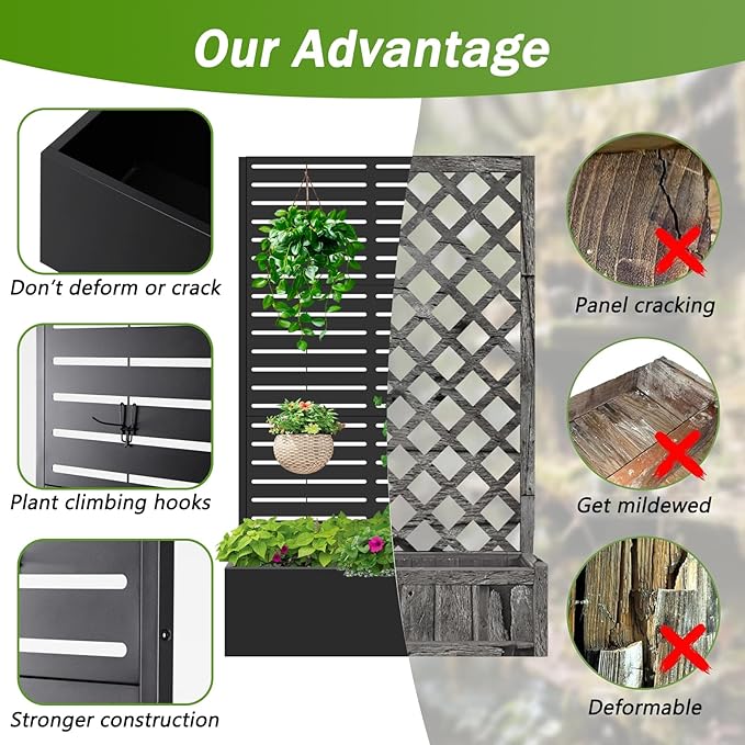 Metal Raised Garden Bed with Trellis,Planter Box for Climbing Plants, Vegetables & Vines, Features Drainage Holes and Privacy Screen.raised garden beds outdoor planters for porch (Black, 71"x35"x16")