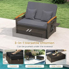 Tangkula Patio Rattan Daybed with 4-Level Adjustable Backrest, Outdoor Wicker Loveseat with Acacia Wood Armrest, Storage Ottoman & Folding Tray, Double Sunbed for Lawn Yard & Poolside, Grey & Brown