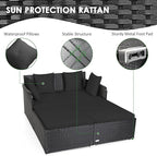 Tangkula Outdoor Rattan Daybed, Wicker Furniture with Spacious Seat, Upholstered Cushion & High-Resilience Sponge, Patio Sofa Set with 4 Pillows, 2-Person Sunbed for Poolside Backyard Garden & Balcony
