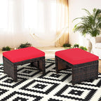 Tangkula 2 Pieces Patio Rattan Ottomans, All Weather Outdoor Footstool Footrest Seat with Soft Cushion, Hidden Zipper, High-Density Sponge, Wicker Ottoman Seat for Patio, Garden, Poolside (Red)