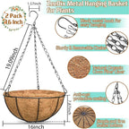 ZeeDix 2 Pack 16 Inch Large Hanging Baskets for Plants Outdoor with Coconut Liners Replacement, Hanging planters Baskets with Natural Coco Liner for Outdoor Indoor Planters Flowers Vegetables
