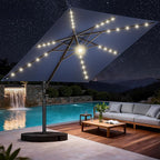 HOMSHADE 10 ft Square Cantilever Patio Umbrella with Base Included, Solar Lights Large Umbrella Outdoor Patio with 360°Rotation&Tilting, LED Lighted Offset Umbrellas w/Stand for Pool Deck