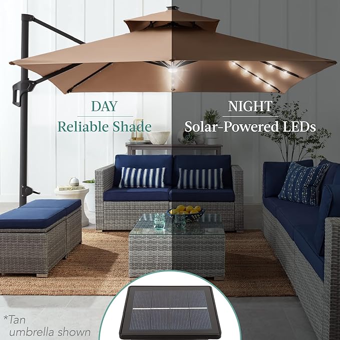 Best Choice Products 10x10ft Cantilever Patio Umbrella w/Base Included, Solar LED Lights 360 Rotation Large Offset Hanging Outdoor Shade for Deck Pool Backyard w/Stand – Burgundy