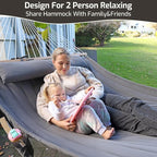 Double Quilted Fabric Hammock with Hardwood Spreader Bars and Pillow 450 LBS Capacity 2 Person Large Hammock for Outdoor Patio Backyard Poolside - Dark Blue