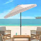 SAFAVIEH 9ft Outdoor Patio Umbrella, Round, Valance, Beige & White Trim, Auto Crank Tilt, UV Resistant for Deck, Backyard, Poolside (PAT8006C)