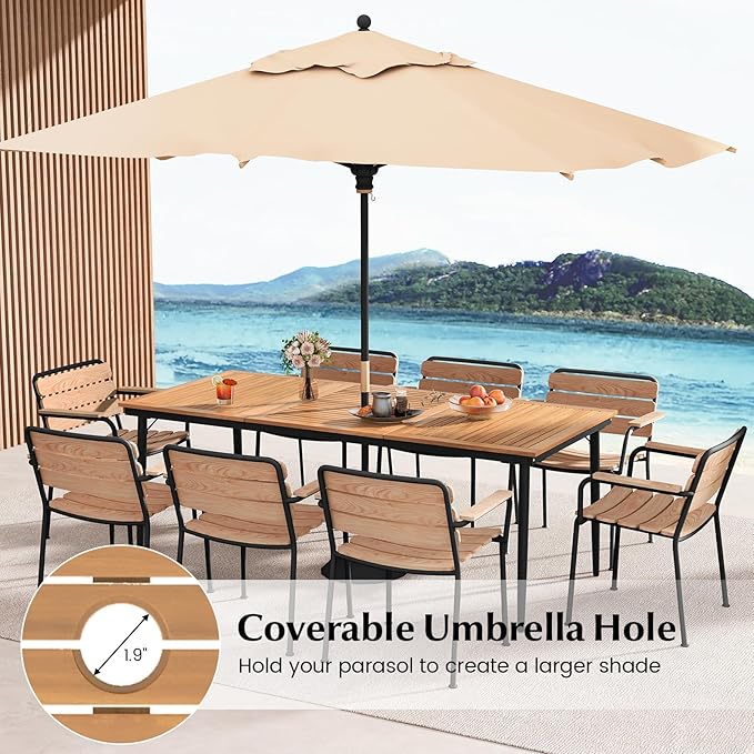 Tangkula 79" Acacia Wood Outdoor Dining Table for 8, Large Rectangular Patio Table with 1.9" Umbrella Hole, Metal Frame & Foot Pads, 8-Person Outside Table for Garden, Poolside & Backyard