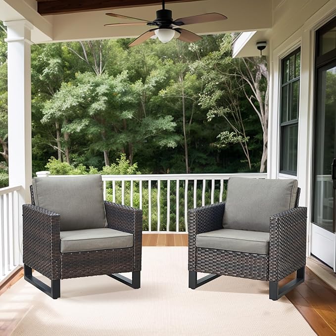 Belord Oversize Patio Chairs Set of 2 Outdoor Wicker Dining Chairs, All-Weather Rattan Patio Club Chair Furniture Sets with Water-Resistant Cushion Anti-Rust Frame Brown