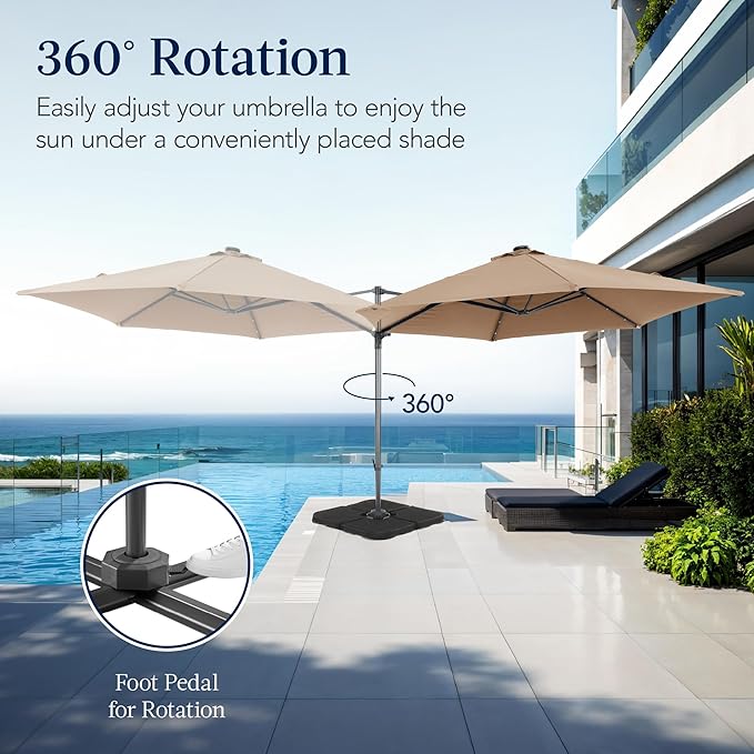 Best Choice Products 10ft Solar LED Offset Cantilever Hanging Market Patio Umbrella, Smooth 360° Rotation, 8 Sturdy Ribs, Easy Adjustment - Tan