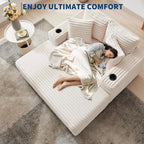 GarveeHome 60-inchOversized Chaise Lounge Chair Indoor, Comfy Corduroy Lounge Sofa with Charging Station, Cup Holders & Throw Pillows, Cozy Sleeper Couch for Living Room Apartments, Beige