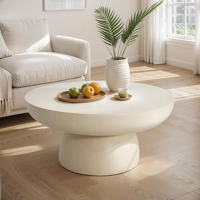 Christopher Knight Home Patsy Modern Lightweight Concrete Coffee Table, Indoor and Outdoor Round Top Accent Table, MGO Sofa End Table with Pedestal Base, No Assembly Needed, 27.5", Beige