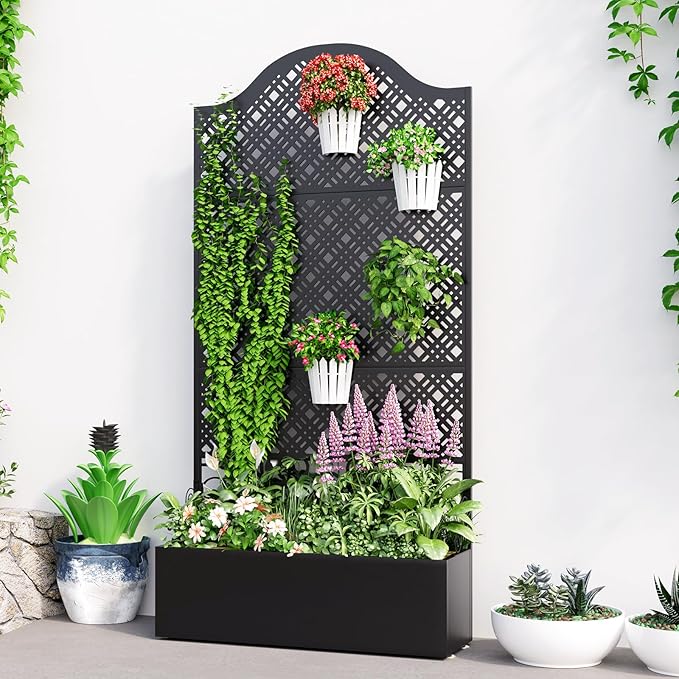 Metal Raised Garden Bed with Trellis & Privacy Screen - 83"x40"x11.8" Freestanding Planter Box for Patio Balcony, Modern Planter with Drainage Holes for Climbing Plants, Flowers & Vegetable