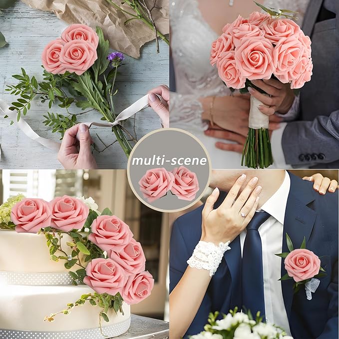 Artificial Pink Roses, 200 Pieces with 100 Leaves, Wired Stems