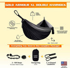 Gold Armour Camping Hammock - XL Double Hammock Portable Hammock Camping Accessories Gear for Outdoor Indoor with Tree Straps, USA Based Brand (Black and Gray)