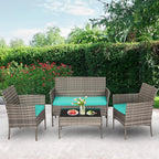 FDW | 4-Piece Patio Furniture Set | Gray & Blue | Outdoor Wicker Furniture with Coffee Table | Modern Rattan Chairs Conversation Set | Outdoor Seating | Weather-Resistant | for Porch, Garden, Lawn