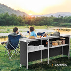 VINGLI 78" Portable Bar Table, 2-Tier Shelves, Mobile Bar Table for Events, Party, Camping, Picnic, Tradeshow, Indoor with Black Skirt