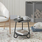 2 Tier Coffee Table in Living Room, Industrial Style Round Coffee Table with Metal Tray, Wood Small Outdoor Coffee Table for Bedroom Balcony Patio, Gray