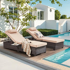 Outdoor Lounge Chairs, Pool Lounge Chairs Set of 2, Outdoor Chaise Lounge with Adjustable Backrest & Cup Holder,Khaki Cushiom