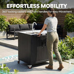 Outdoor Kitchen Island with Stainless Steel Sink and Storage Cabinet, 35-Inch BBQ Prep Station with Faucet & Lockable Wheels for Patio, Backyard, and Outdoor Cooking, Black & Silver