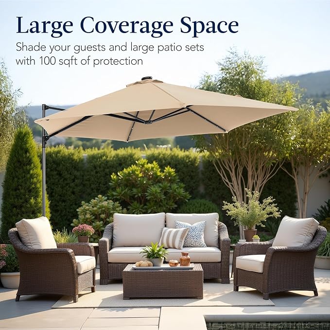 Best Choice Products 10ft Solar LED Offset Cantilever Hanging Market Patio Umbrella, Smooth 360° Rotation, 8 Sturdy Ribs, Easy Adjustment - Sand