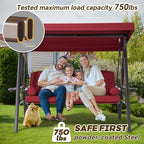 3 in 1 Outdoor Porch Swing with Adjustable Canopy, 3 Seat Outdoor Swing for Adults, Patio Swing Chair with Thickened Cushions,Pillows & Cup Holders for Backyard, Porch, Garden (Wine Red)