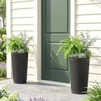 Self Watering Tall Black Planters Outdoor Set of 2, 24” Flower Pots Planters for Outdoor Plants, Modern Plastic Tall Planter for Front Porch, with Drainage Hole (Ribbed)