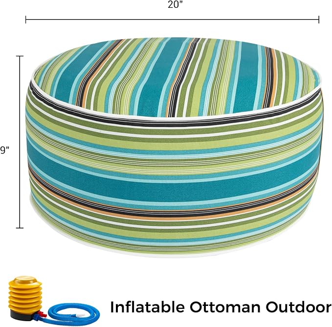 Ottoman Pouf, 20-Inch Green Striped Inflatable Footrest with Air Pump